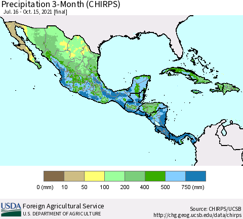 Mexico Central America and the Caribbean Precipitation 3-Month (CHIRPS) Thematic Map For 7/16/2021 - 10/15/2021