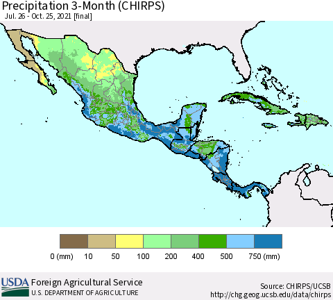 Mexico Central America and the Caribbean Precipitation 3-Month (CHIRPS) Thematic Map For 7/26/2021 - 10/25/2021