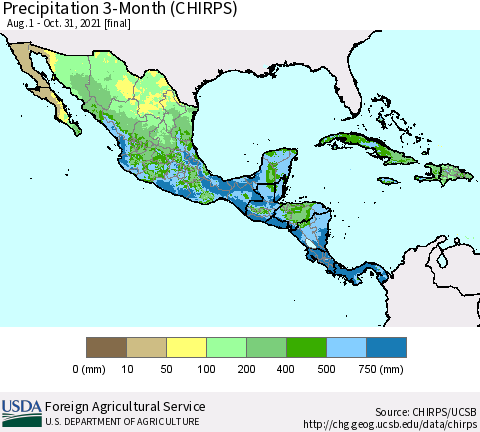Mexico Central America and the Caribbean Precipitation 3-Month (CHIRPS) Thematic Map For 8/1/2021 - 10/31/2021