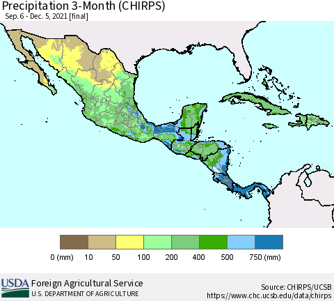 Mexico Central America and the Caribbean Precipitation 3-Month (CHIRPS) Thematic Map For 9/6/2021 - 12/5/2021