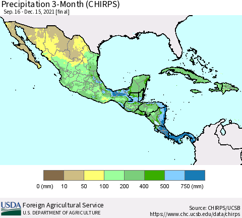 Mexico Central America and the Caribbean Precipitation 3-Month (CHIRPS) Thematic Map For 9/16/2021 - 12/15/2021