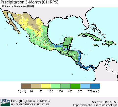 Mexico Central America and the Caribbean Precipitation 3-Month (CHIRPS) Thematic Map For 9/21/2021 - 12/20/2021