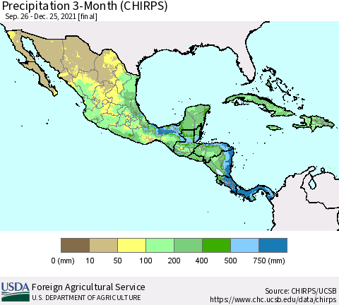 Mexico Central America and the Caribbean Precipitation 3-Month (CHIRPS) Thematic Map For 9/26/2021 - 12/25/2021