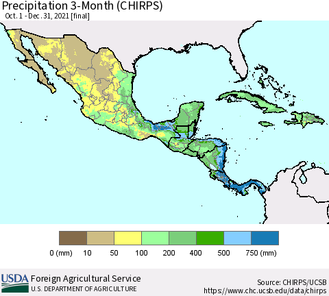 Mexico Central America and the Caribbean Precipitation 3-Month (CHIRPS) Thematic Map For 10/1/2021 - 12/31/2021