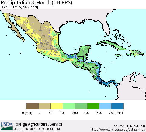 Mexico Central America and the Caribbean Precipitation 3-Month (CHIRPS) Thematic Map For 10/6/2021 - 1/5/2022