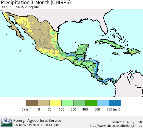 Mexico Central America and the Caribbean Precipitation 3-Month (CHIRPS) Thematic Map For 10/16/2021 - 1/15/2022