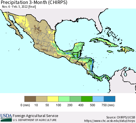 Mexico Central America and the Caribbean Precipitation 3-Month (CHIRPS) Thematic Map For 11/6/2021 - 2/5/2022
