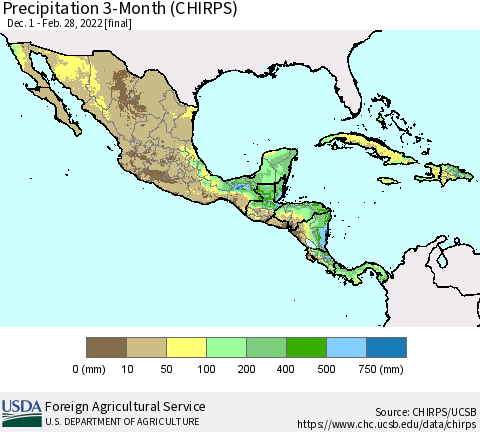 Mexico Central America and the Caribbean Precipitation 3-Month (CHIRPS) Thematic Map For 12/1/2021 - 2/28/2022