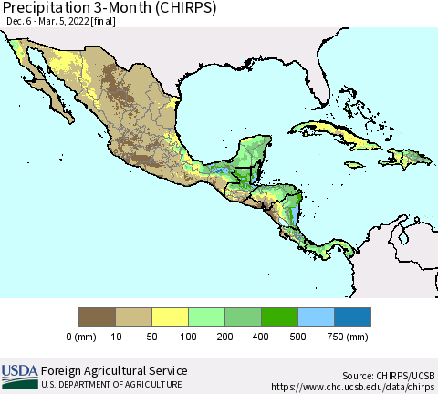 Mexico Central America and the Caribbean Precipitation 3-Month (CHIRPS) Thematic Map For 12/6/2021 - 3/5/2022