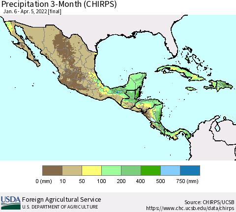 Mexico Central America and the Caribbean Precipitation 3-Month (CHIRPS) Thematic Map For 1/6/2022 - 4/5/2022