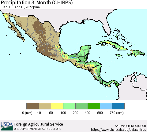 Mexico Central America and the Caribbean Precipitation 3-Month (CHIRPS) Thematic Map For 1/11/2022 - 4/10/2022
