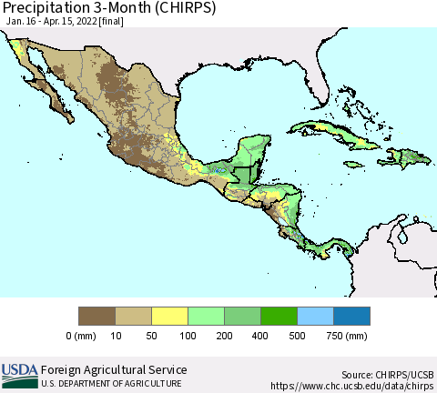 Mexico Central America and the Caribbean Precipitation 3-Month (CHIRPS) Thematic Map For 1/16/2022 - 4/15/2022