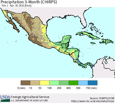 Mexico Central America and the Caribbean Precipitation 3-Month (CHIRPS) Thematic Map For 2/1/2022 - 4/30/2022