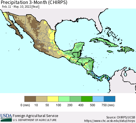 Mexico Central America and the Caribbean Precipitation 3-Month (CHIRPS) Thematic Map For 2/11/2022 - 5/10/2022
