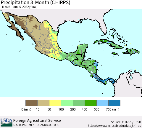 Mexico Central America and the Caribbean Precipitation 3-Month (CHIRPS) Thematic Map For 3/6/2022 - 6/5/2022