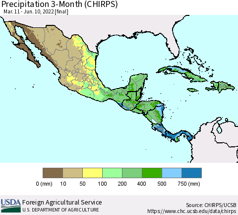 Mexico Central America and the Caribbean Precipitation 3-Month (CHIRPS) Thematic Map For 3/11/2022 - 6/10/2022