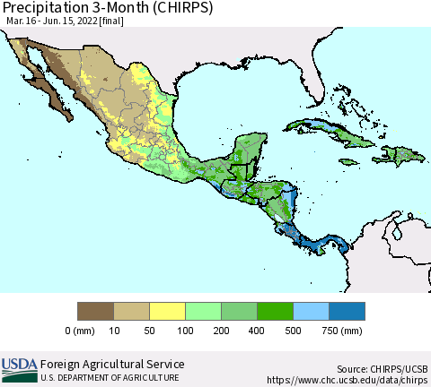 Mexico Central America and the Caribbean Precipitation 3-Month (CHIRPS) Thematic Map For 3/16/2022 - 6/15/2022
