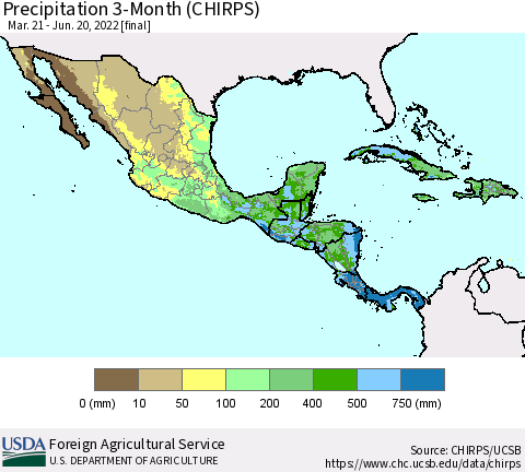 Mexico Central America and the Caribbean Precipitation 3-Month (CHIRPS) Thematic Map For 3/21/2022 - 6/20/2022