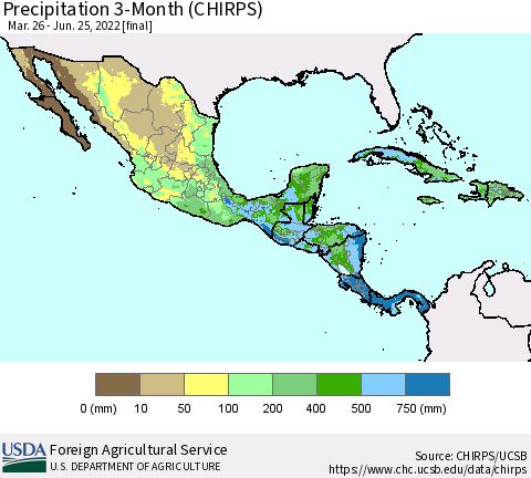 Mexico Central America and the Caribbean Precipitation 3-Month (CHIRPS) Thematic Map For 3/26/2022 - 6/25/2022