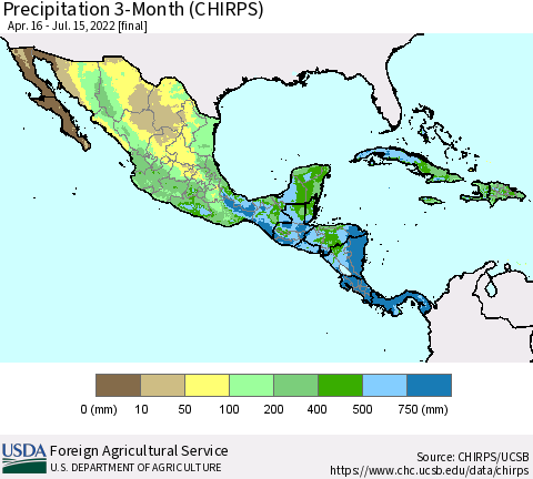 Mexico Central America and the Caribbean Precipitation 3-Month (CHIRPS) Thematic Map For 4/16/2022 - 7/15/2022