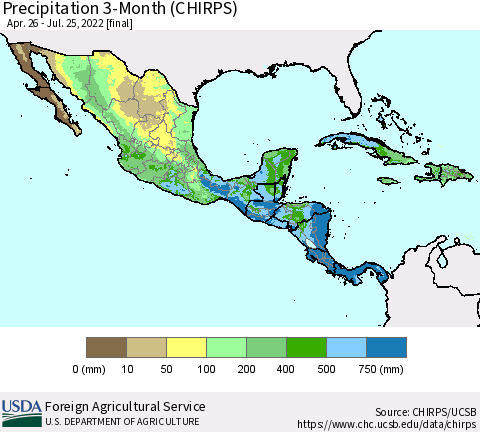 Mexico Central America and the Caribbean Precipitation 3-Month (CHIRPS) Thematic Map For 4/26/2022 - 7/25/2022