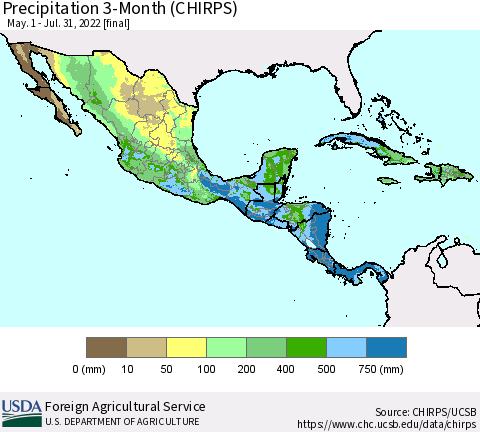 Mexico Central America and the Caribbean Precipitation 3-Month (CHIRPS) Thematic Map For 5/1/2022 - 7/31/2022