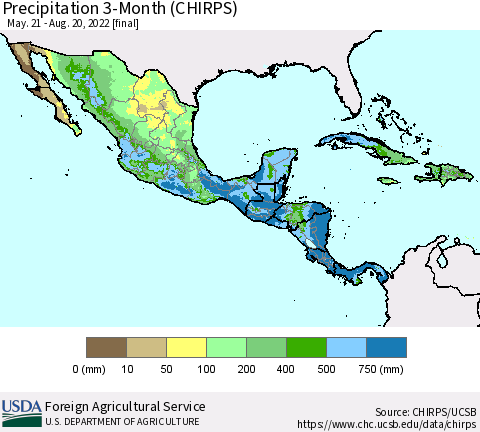 Mexico Central America and the Caribbean Precipitation 3-Month (CHIRPS) Thematic Map For 5/21/2022 - 8/20/2022