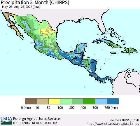 Mexico Central America and the Caribbean Precipitation 3-Month (CHIRPS) Thematic Map For 5/26/2022 - 8/25/2022