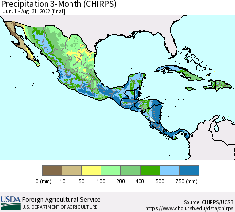 Mexico Central America and the Caribbean Precipitation 3-Month (CHIRPS) Thematic Map For 6/1/2022 - 8/31/2022