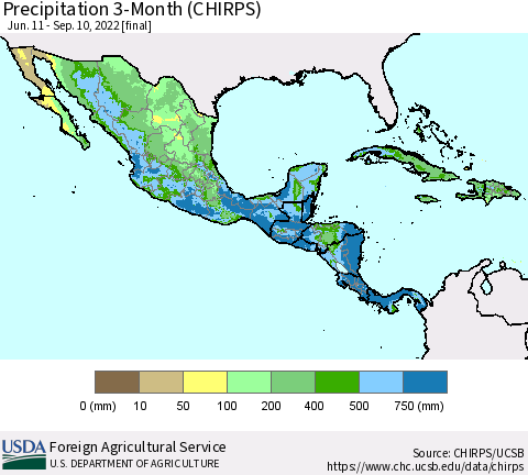 Mexico Central America and the Caribbean Precipitation 3-Month (CHIRPS) Thematic Map For 6/11/2022 - 9/10/2022