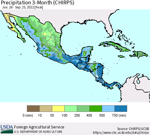Mexico Central America and the Caribbean Precipitation 3-Month (CHIRPS) Thematic Map For 6/26/2022 - 9/25/2022