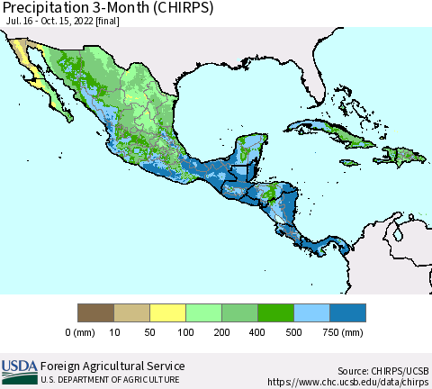 Mexico Central America and the Caribbean Precipitation 3-Month (CHIRPS) Thematic Map For 7/16/2022 - 10/15/2022