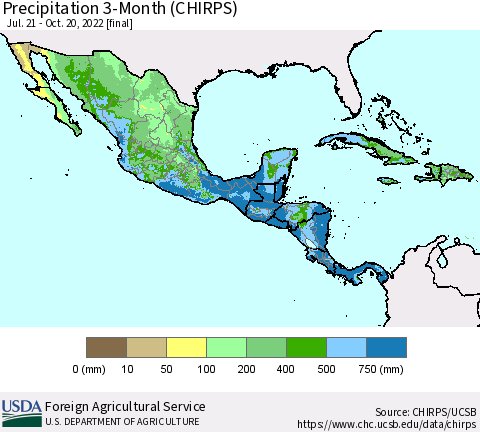 Mexico Central America and the Caribbean Precipitation 3-Month (CHIRPS) Thematic Map For 7/21/2022 - 10/20/2022