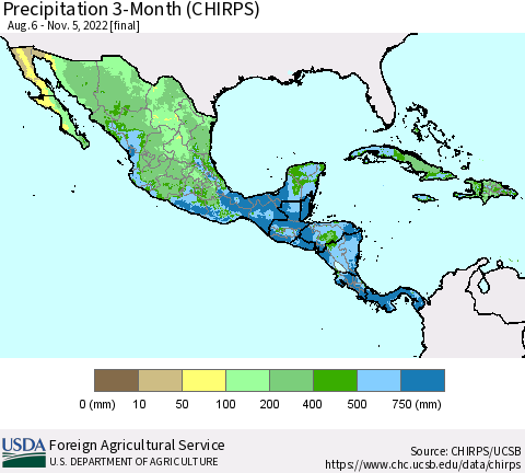 Mexico Central America and the Caribbean Precipitation 3-Month (CHIRPS) Thematic Map For 8/6/2022 - 11/5/2022