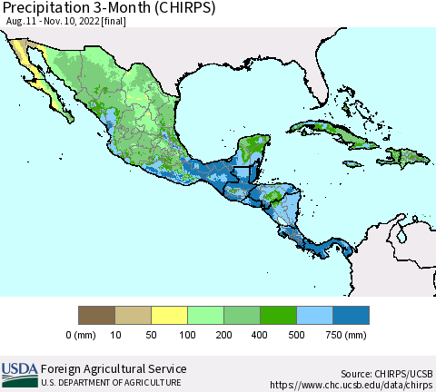 Mexico Central America and the Caribbean Precipitation 3-Month (CHIRPS) Thematic Map For 8/11/2022 - 11/10/2022