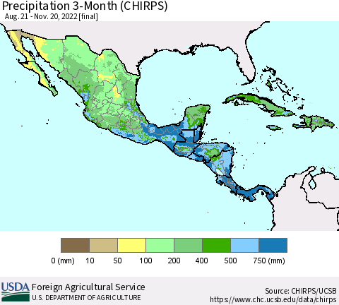 Mexico Central America and the Caribbean Precipitation 3-Month (CHIRPS) Thematic Map For 8/21/2022 - 11/20/2022