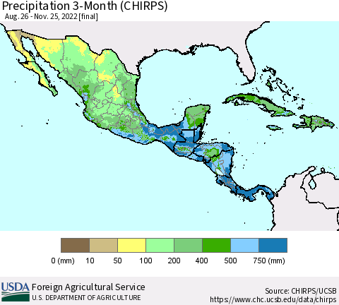 Mexico Central America and the Caribbean Precipitation 3-Month (CHIRPS) Thematic Map For 8/26/2022 - 11/25/2022