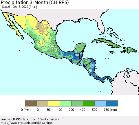 Mexico Central America and the Caribbean Precipitation 3-Month (CHIRPS) Thematic Map For 9/6/2022 - 12/5/2022