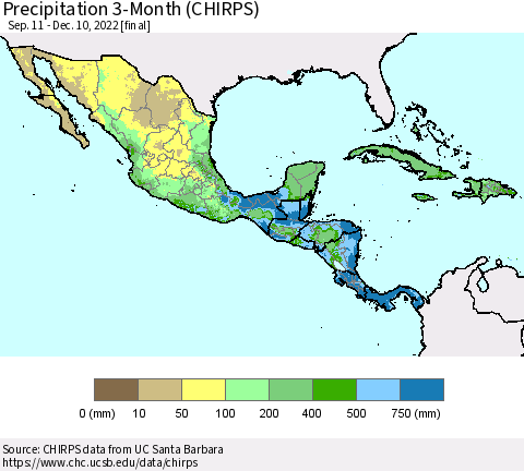 Mexico Central America and the Caribbean Precipitation 3-Month (CHIRPS) Thematic Map For 9/11/2022 - 12/10/2022