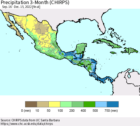 Mexico Central America and the Caribbean Precipitation 3-Month (CHIRPS) Thematic Map For 9/16/2022 - 12/15/2022