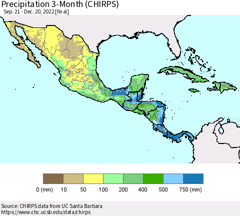 Mexico Central America and the Caribbean Precipitation 3-Month (CHIRPS) Thematic Map For 9/21/2022 - 12/20/2022
