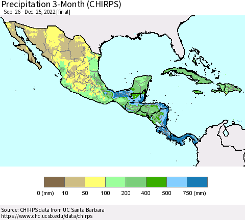 Mexico Central America and the Caribbean Precipitation 3-Month (CHIRPS) Thematic Map For 9/26/2022 - 12/25/2022