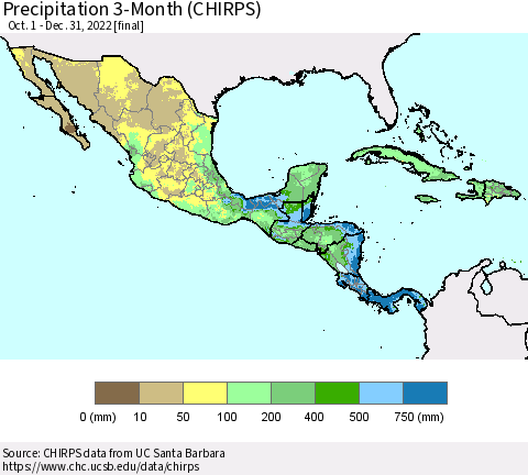 Mexico Central America and the Caribbean Precipitation 3-Month (CHIRPS) Thematic Map For 10/1/2022 - 12/31/2022