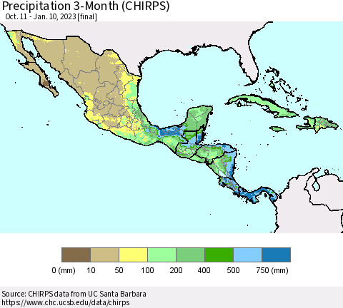 Mexico Central America and the Caribbean Precipitation 3-Month (CHIRPS) Thematic Map For 10/11/2022 - 1/10/2023