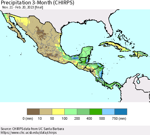 Mexico Central America and the Caribbean Precipitation 3-Month (CHIRPS) Thematic Map For 11/21/2022 - 2/20/2023
