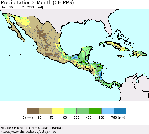 Mexico Central America and the Caribbean Precipitation 3-Month (CHIRPS) Thematic Map For 11/26/2022 - 2/25/2023