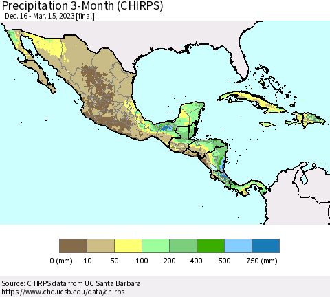 Mexico Central America and the Caribbean Precipitation 3-Month (CHIRPS) Thematic Map For 12/16/2022 - 3/15/2023