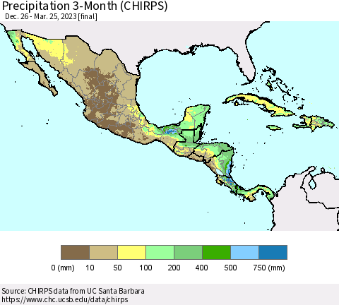 Mexico Central America and the Caribbean Precipitation 3-Month (CHIRPS) Thematic Map For 12/26/2022 - 3/25/2023
