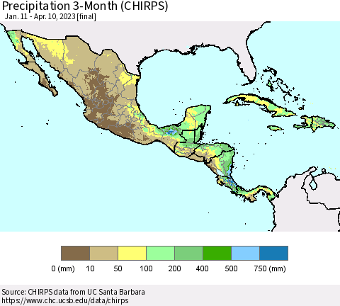 Mexico Central America and the Caribbean Precipitation 3-Month (CHIRPS) Thematic Map For 1/11/2023 - 4/10/2023