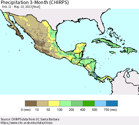 Mexico Central America and the Caribbean Precipitation 3-Month (CHIRPS) Thematic Map For 2/11/2023 - 5/10/2023